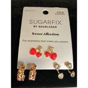 Sugarfix Baublebar Earring Set Red Cherry Heart Gold 3 Pairs hoop studs drop NWT